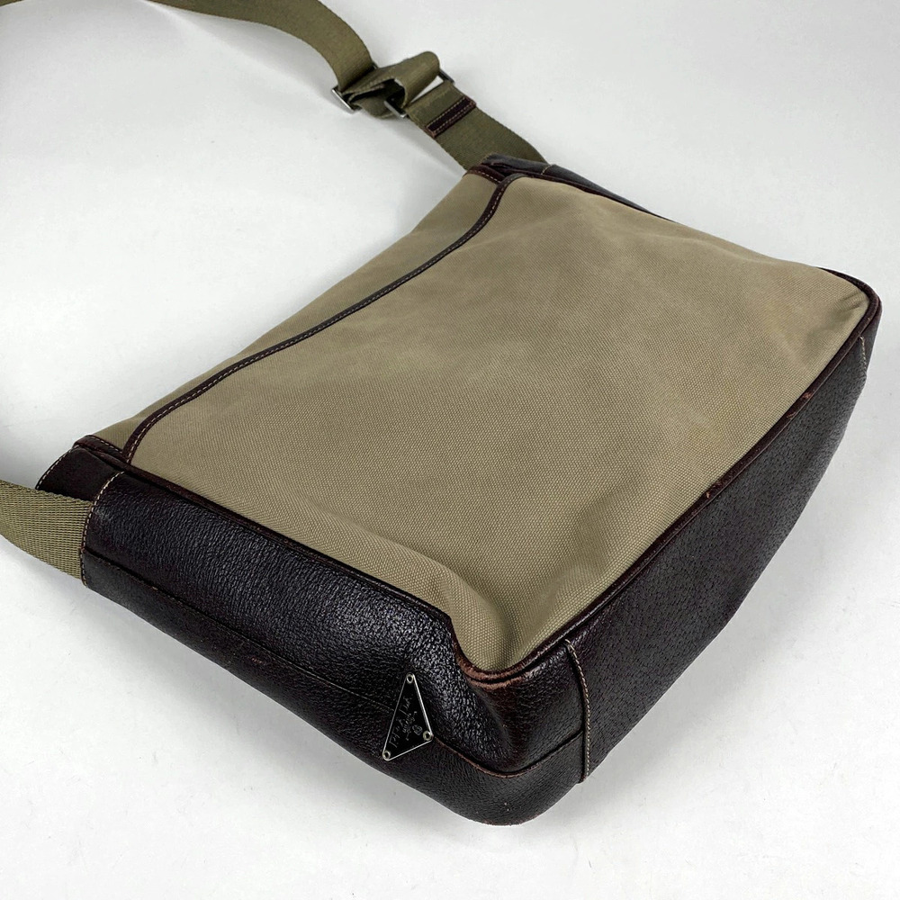 Prada Shoulder Canvas Bag Crossbody Logo Beige Brown Plate